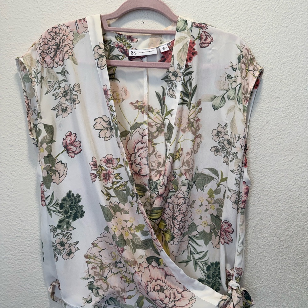New York & Company Floral Wrap Blouse - White and Pink